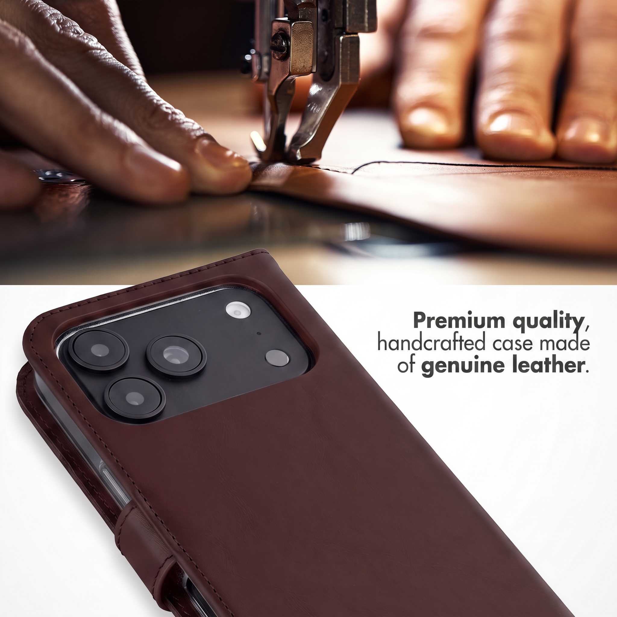 Handstitched brown leather phone case on white background with text.