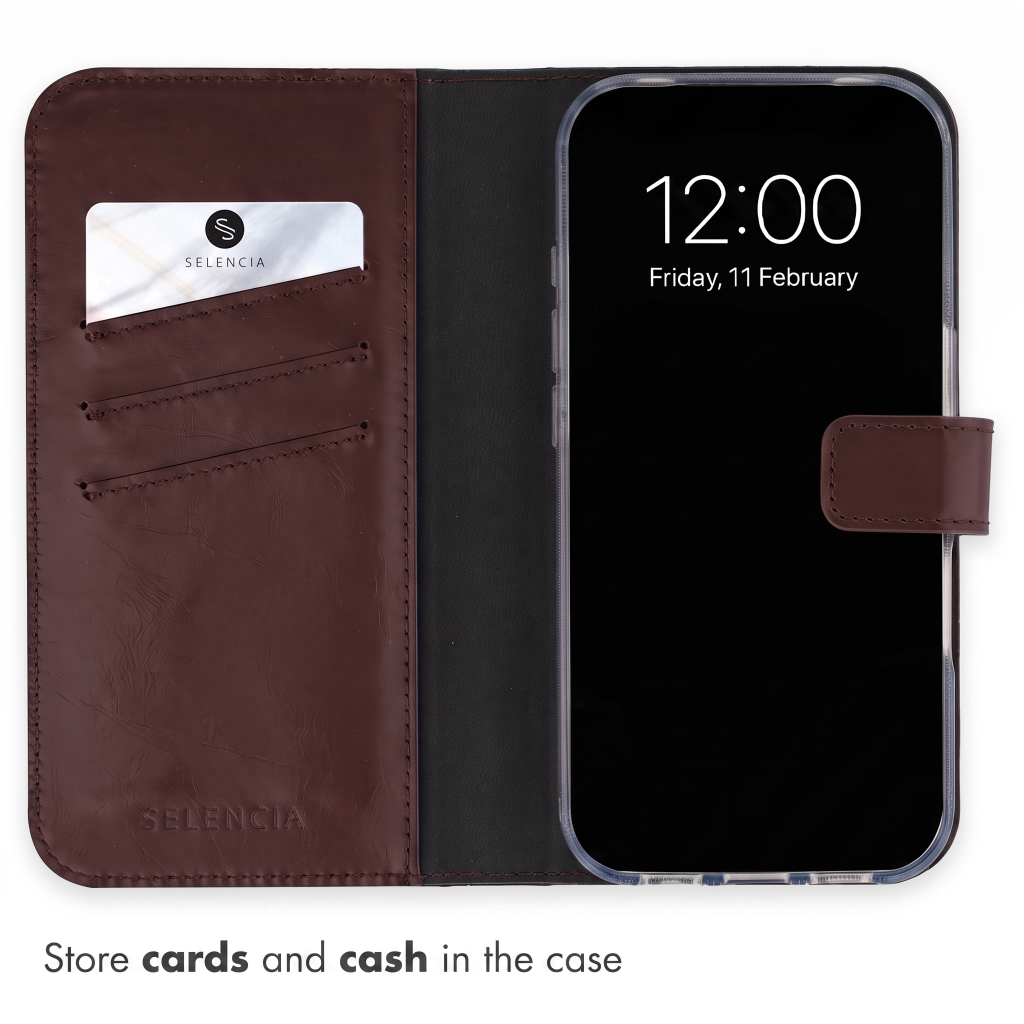 Brown leather phone wallet case with a card slot and smartphone.
