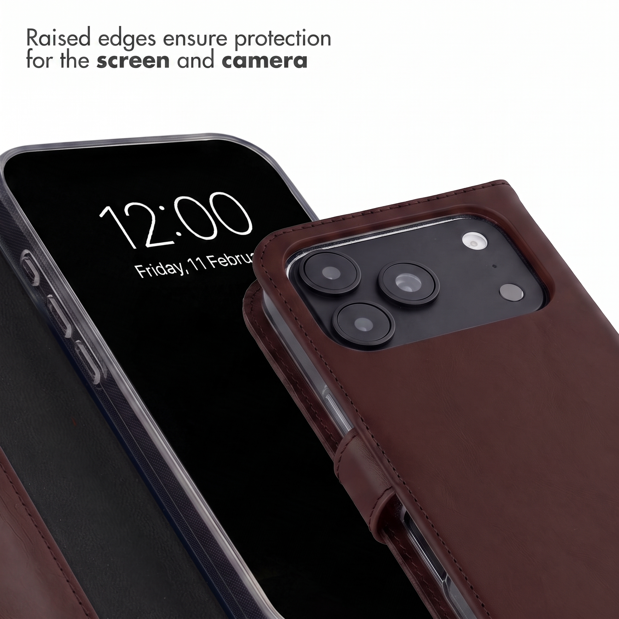 A smartphone in a brown leather case displays 12:00 on screen against a white background with raised edges text above.