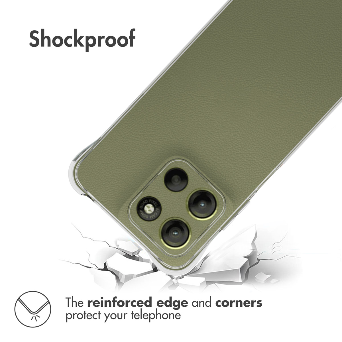 Funda de teléfono verde oliva con recorte de cámara y texto a prueba de golpes.