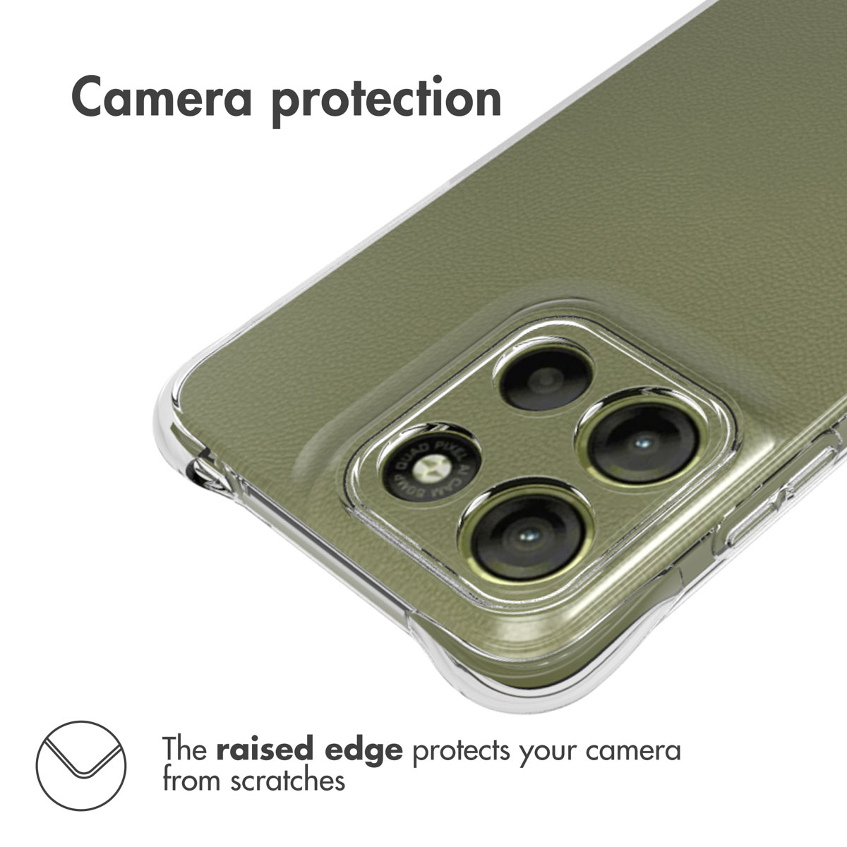 Funda de teléfono verde oliva con bordes elevados alrededor de la cámara.
