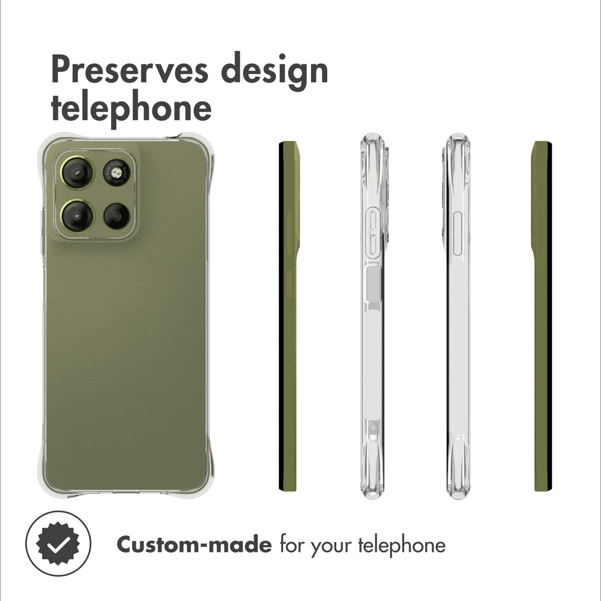 Funda de teléfono verde oliva con bordes transparentes mostrada desde atrás, arriba, abajo y los lados.