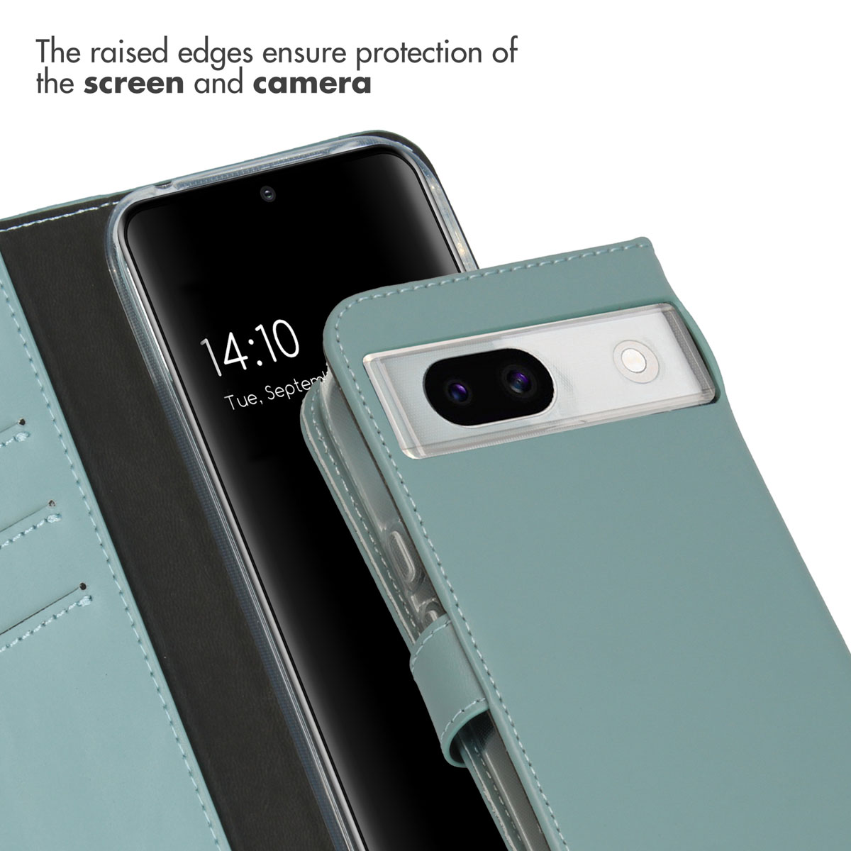 Étui portefeuille de téléphone bleu clair protégeant l'écran et l'appareil photo.