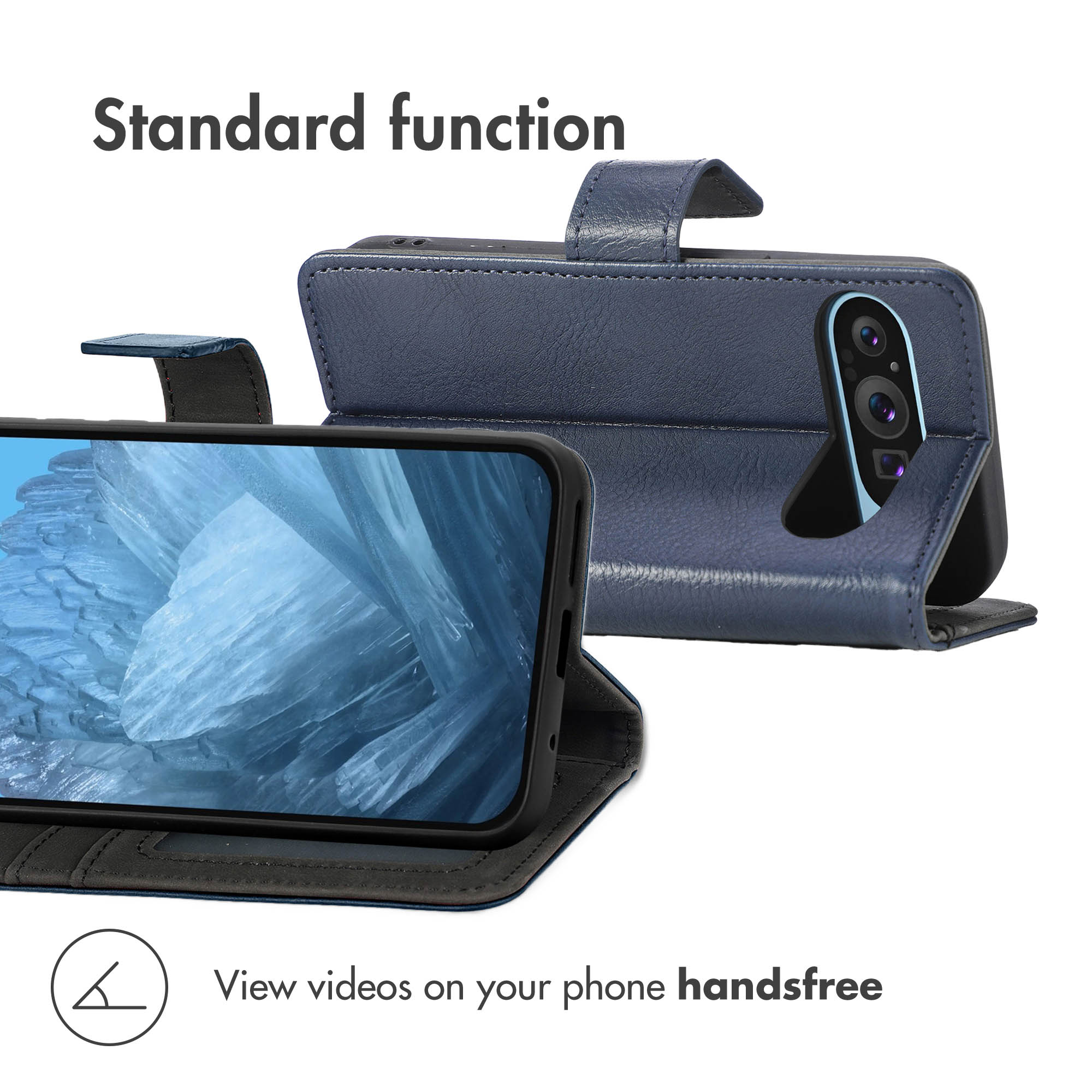 Custodia per cellulare in pelle blu con funzione di supporto.