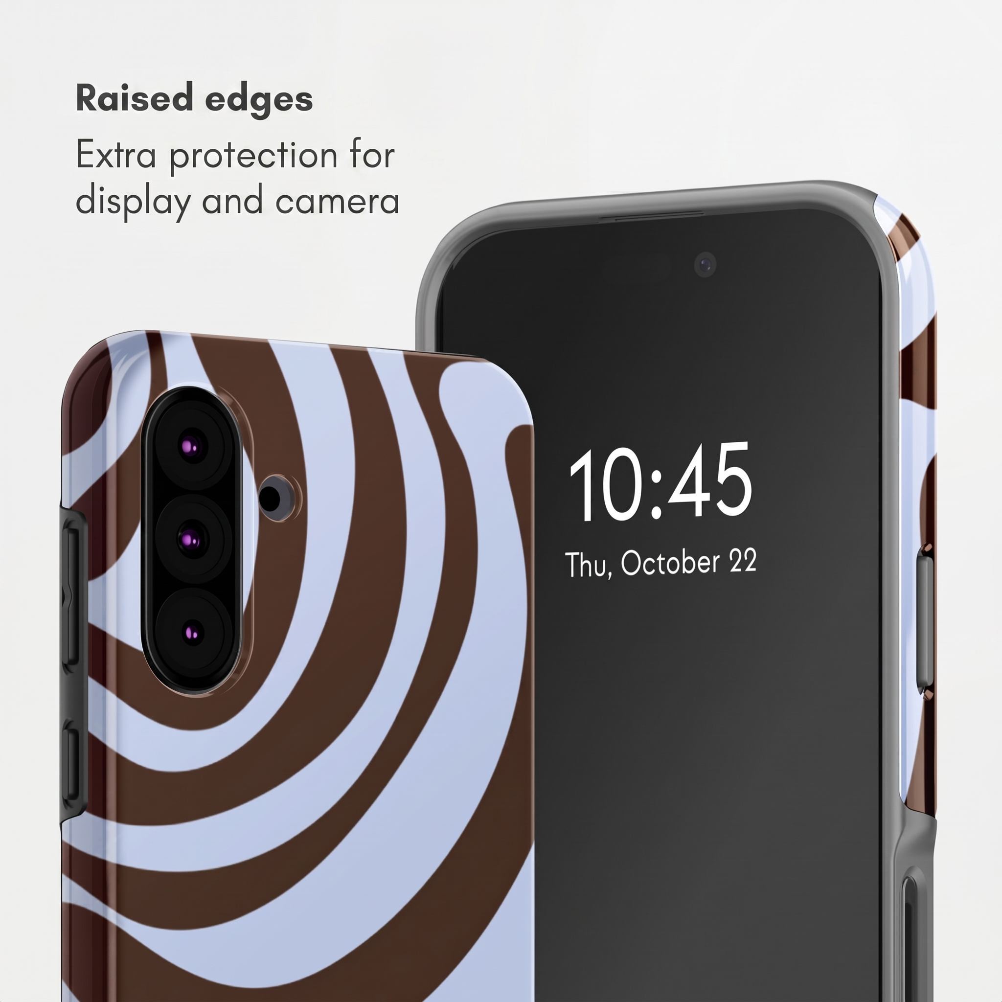 Smartphone mit braun-hellblauem Wirbelmuster-Cover, zeigt erhöhte Ränder für Display- und Kameraschutz.