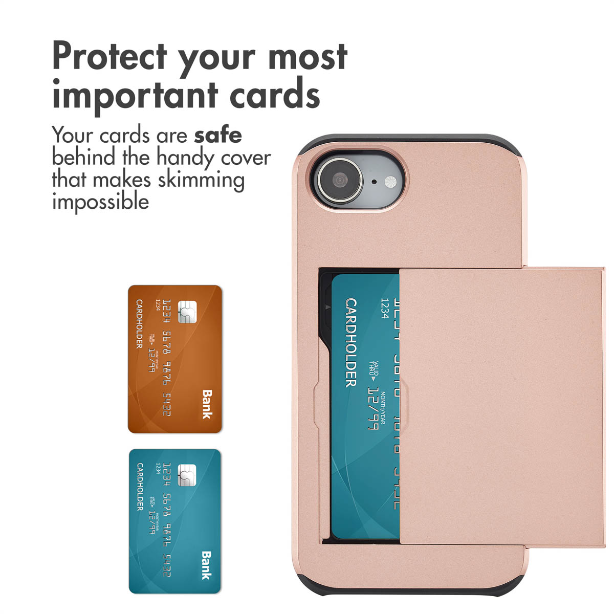 Una custodia per telefono oro rosa con porta carte integrato e due carte di credito accanto.
