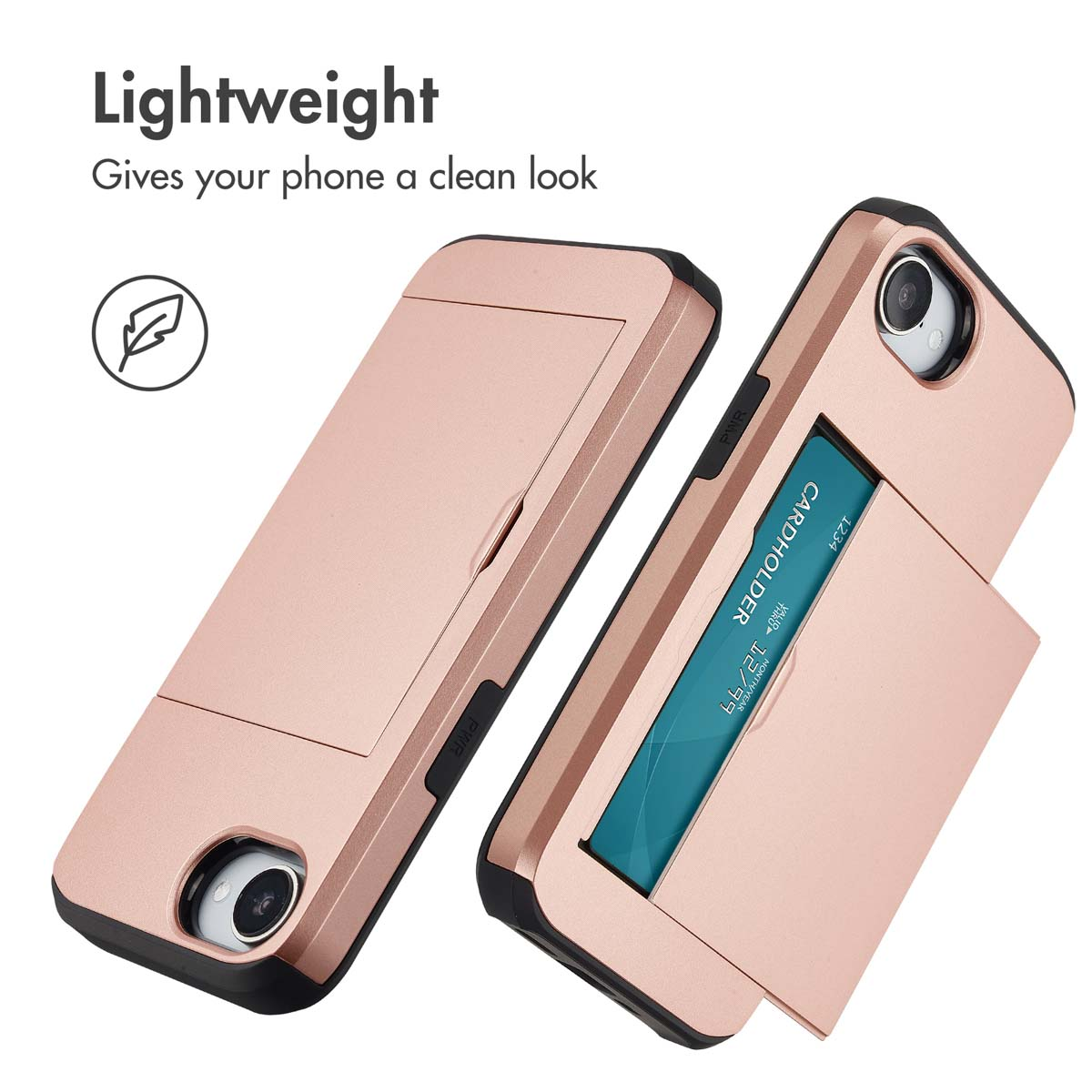 Custodia per smartphone in oro rosa con porta carte integrato sul retro.
