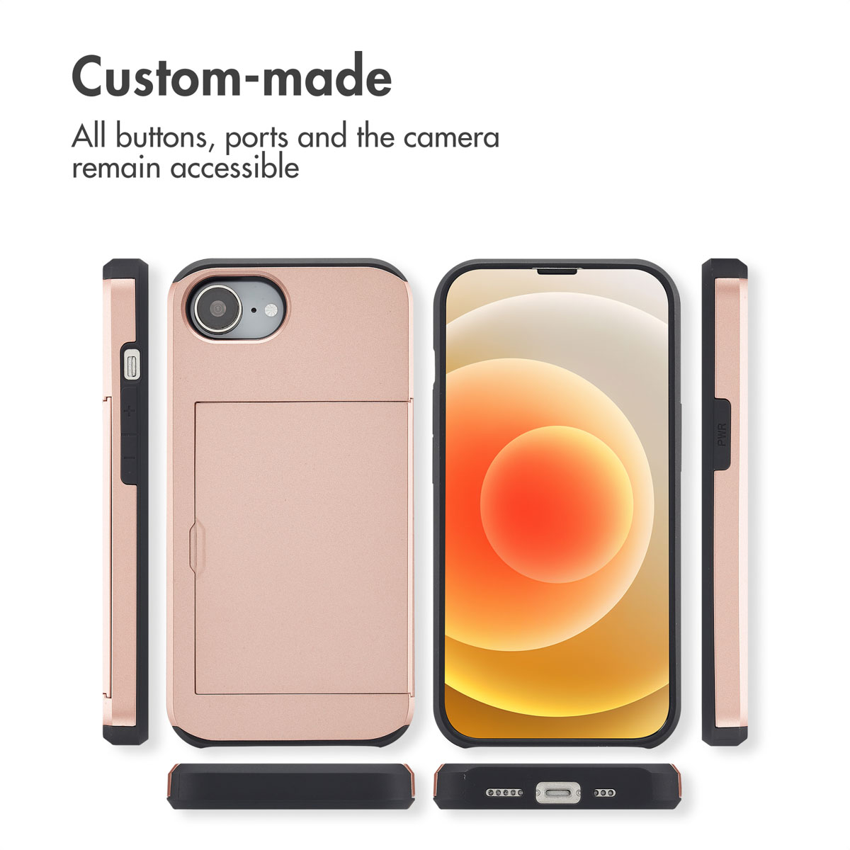 Cover per smartphone in oro rosa con porta carte vista da davanti e dietro.