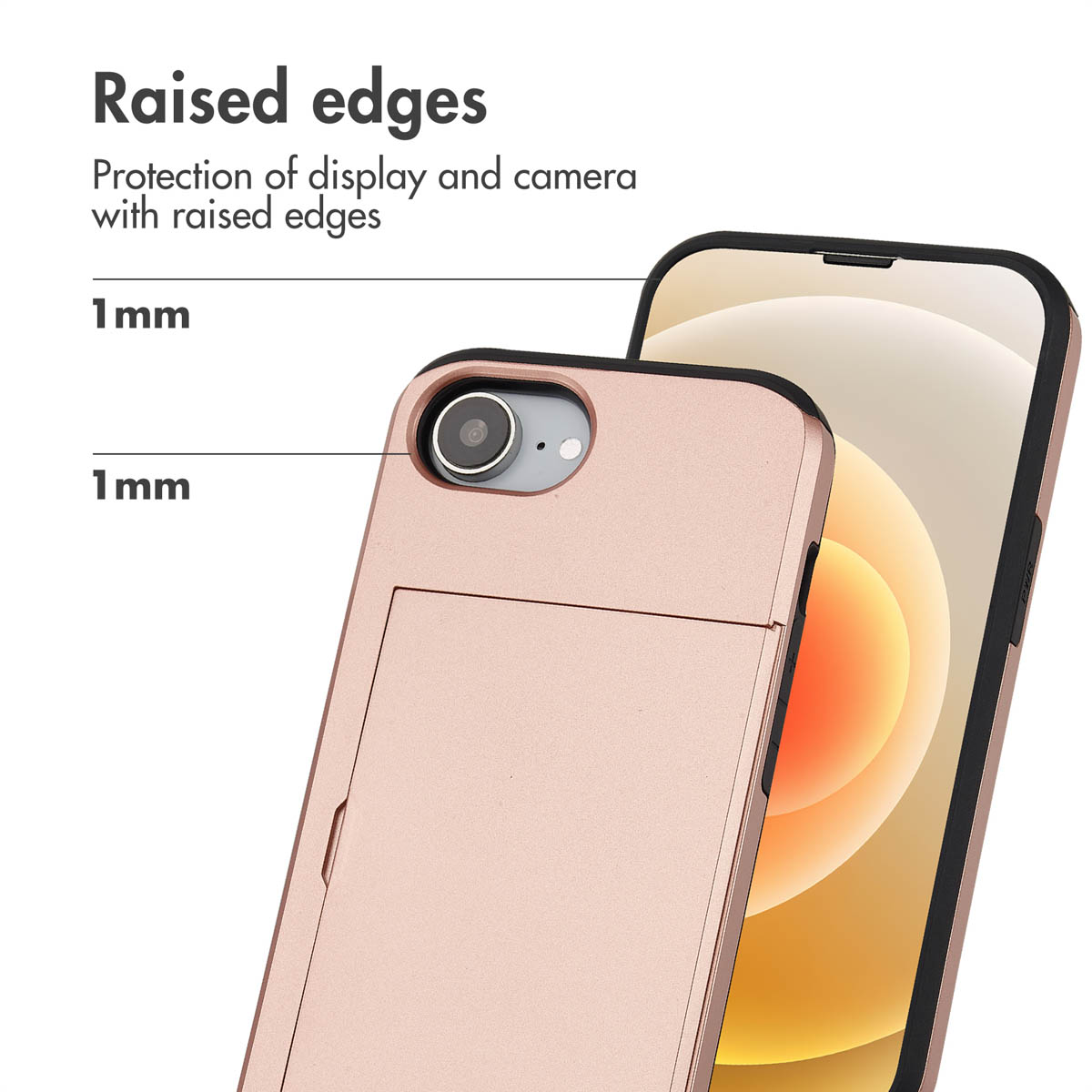 Diagramma che mostra bordi rialzati di 1 mm per la protezione di display e fotocamera dello smartphone.