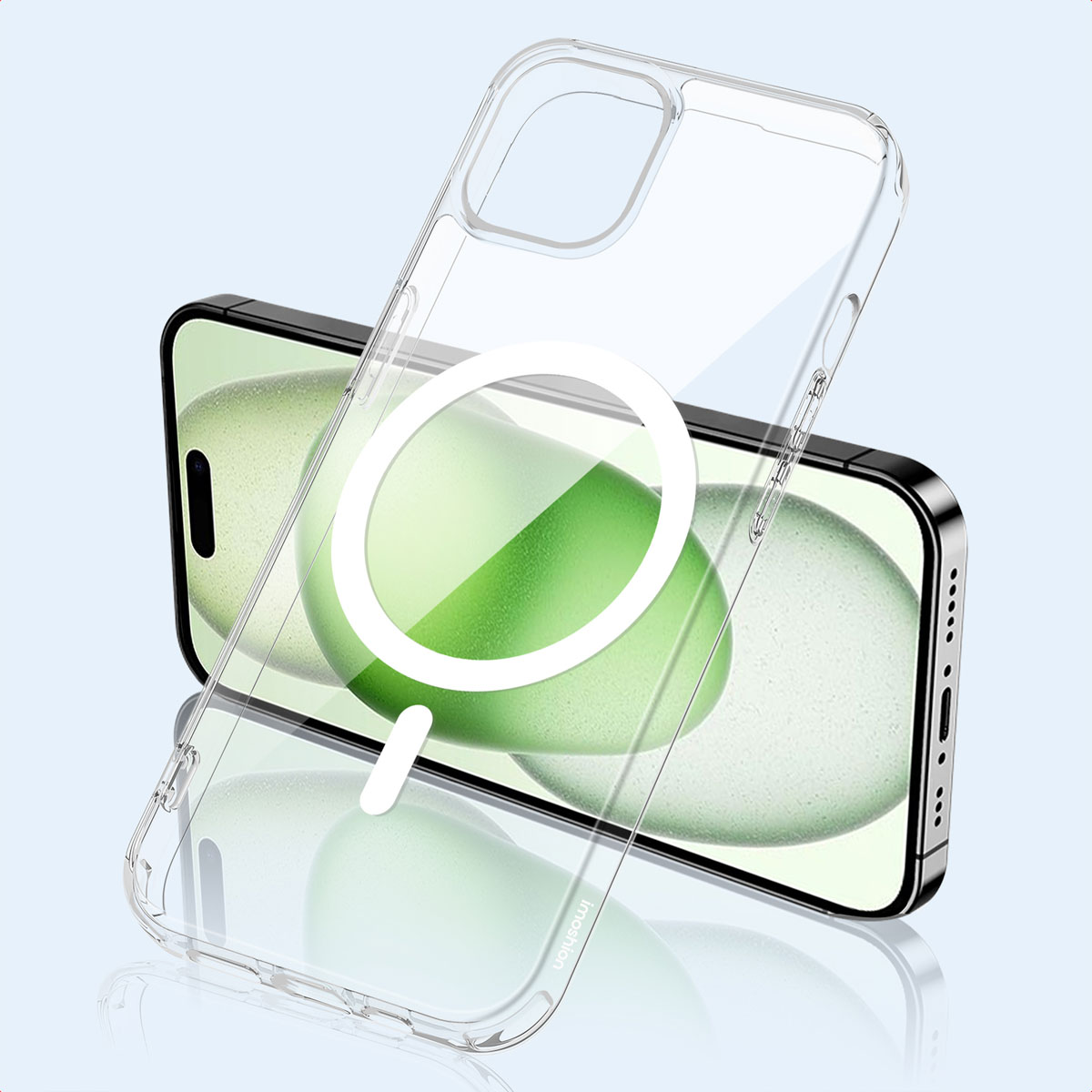 Una custodia trasparente per smartphone con un anello di ricarica magnetico rotondo è davanti a un telefono moderno.