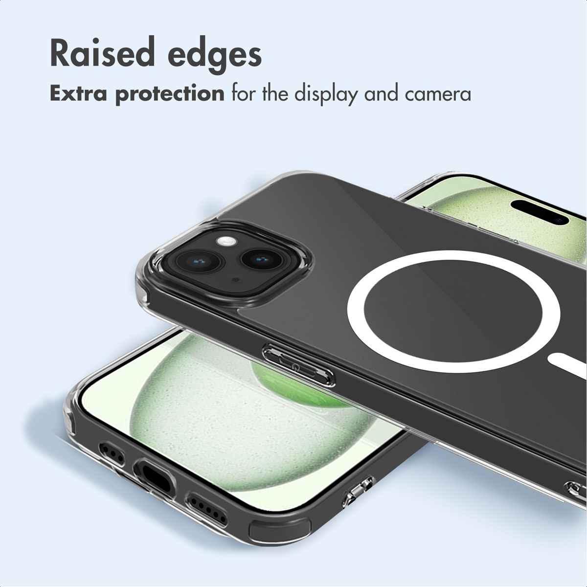 Due smartphone con cover trasparenti che mostrano bordi rialzati per la protezione.