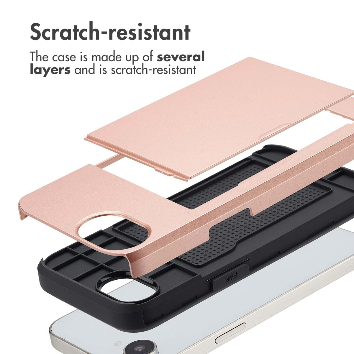 Vista esplosa di una custodia per telefono oro rosa antigraffio con interno nero su uno smartphone.