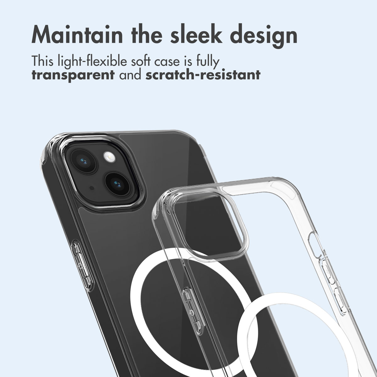 Una custodia per telefono trasparente e antigraffio con anello Magsafe su sfondo azzurro.