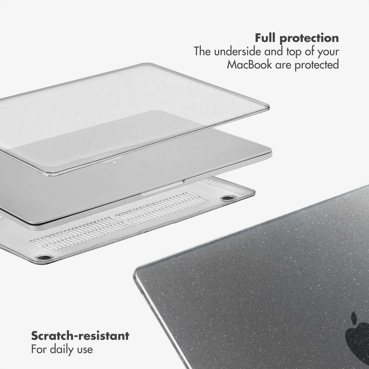 Vista explosionada de un MacBook con fundas protectoras superior e inferior transparentes.