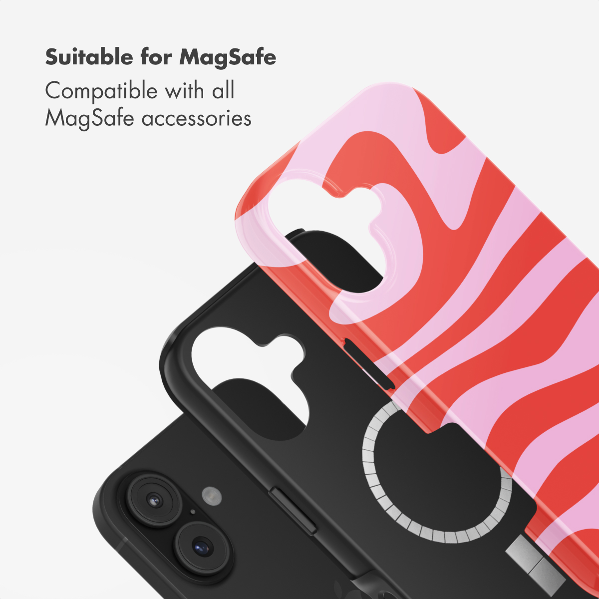 Custodia per telefono rosa e rossa, compatibile con MagSafe su uno smartphone nero.