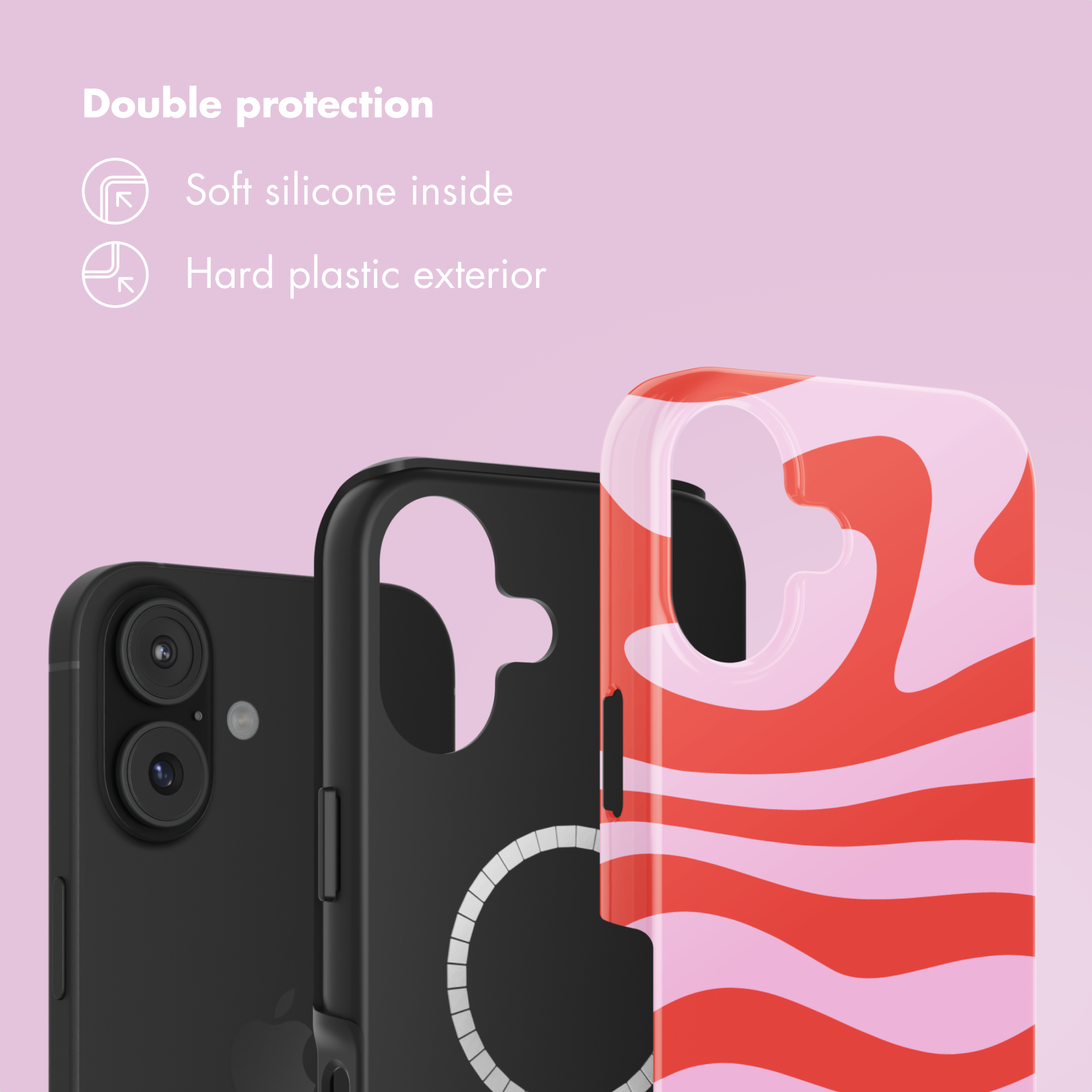 Doppia protezione con silicone morbido all'interno e plastica rigida all'esterno su sfondo rosa.