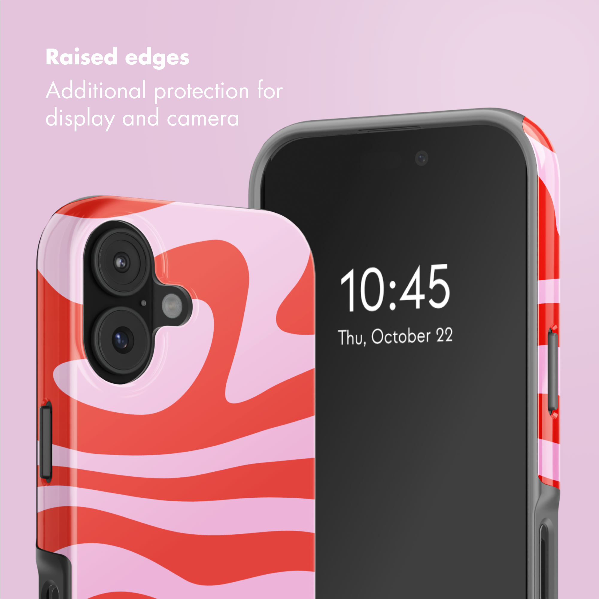 Smartphone con cover a onde rosa e rosse su sfondo rosa.
