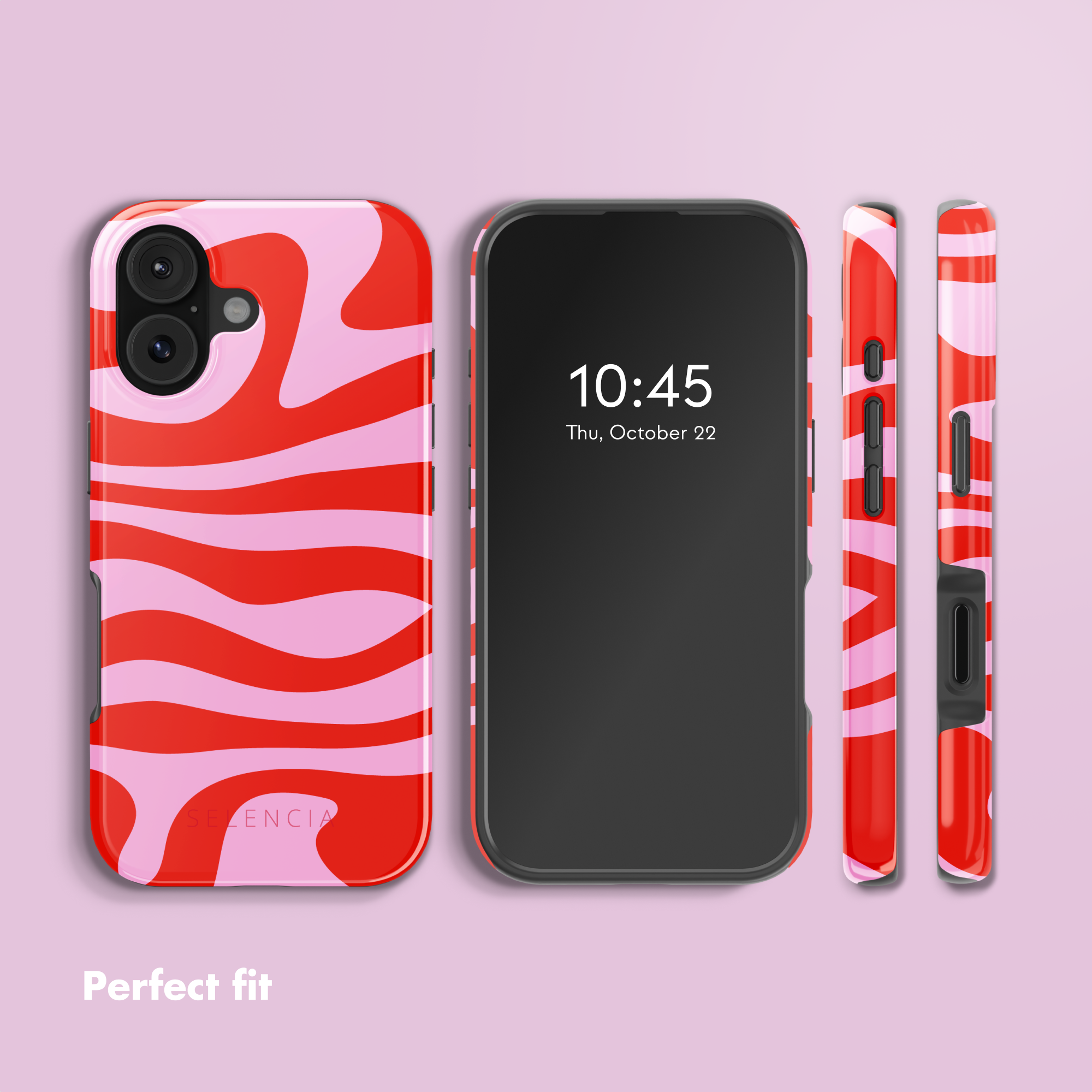 Uno smartphone con cover protettiva ondulata rossa e rosa, mostrato da varie angolazioni.