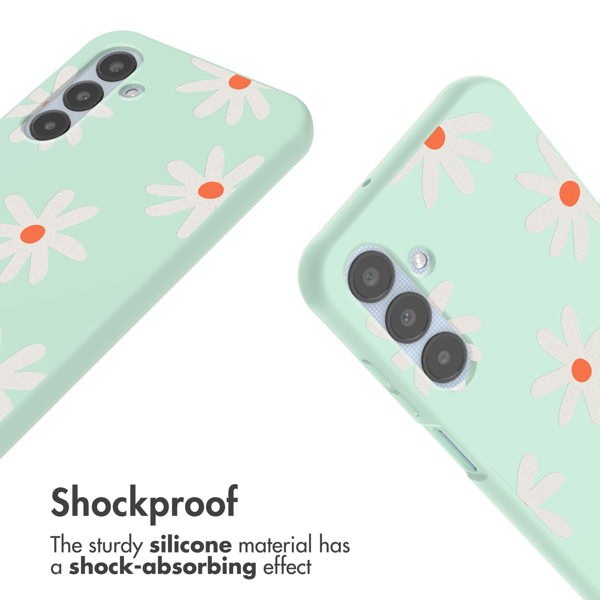 Cover per telefono verde menta antiurto con motivo di margherite bianche su sfondo bianco.