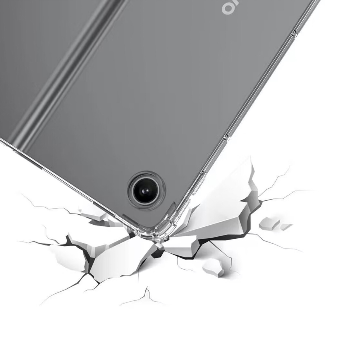 Un smartphone dans une coque de protection frappe un sol blanc fissuré.