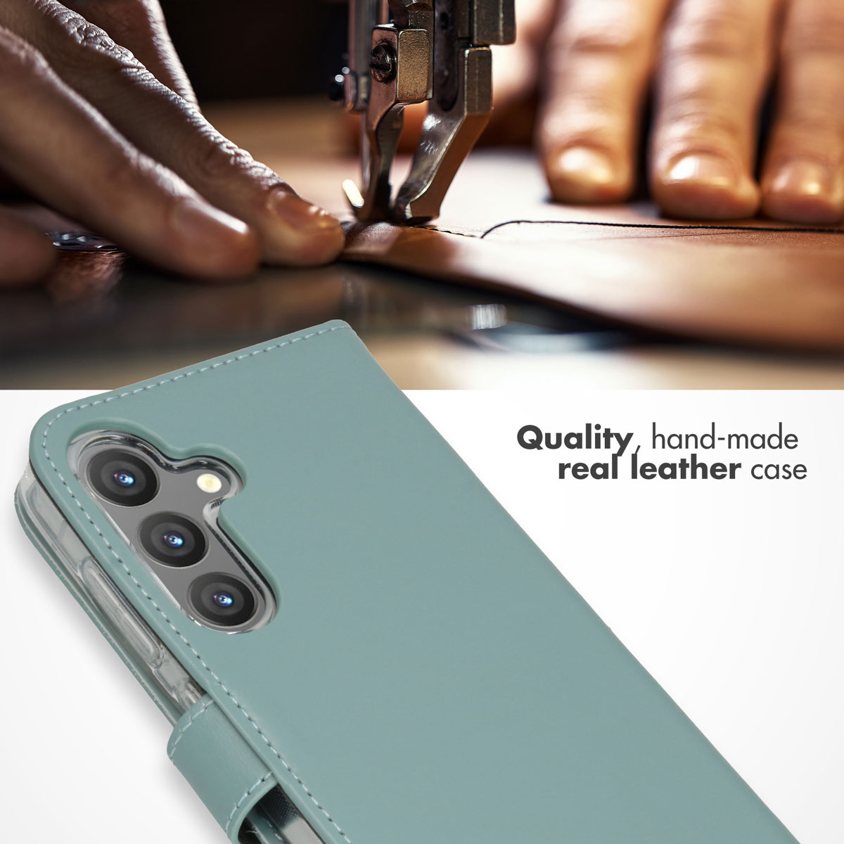 Una custodia per telefono in vera pelle verde menta in primo piano, con una macchina da cucire sullo sfondo.