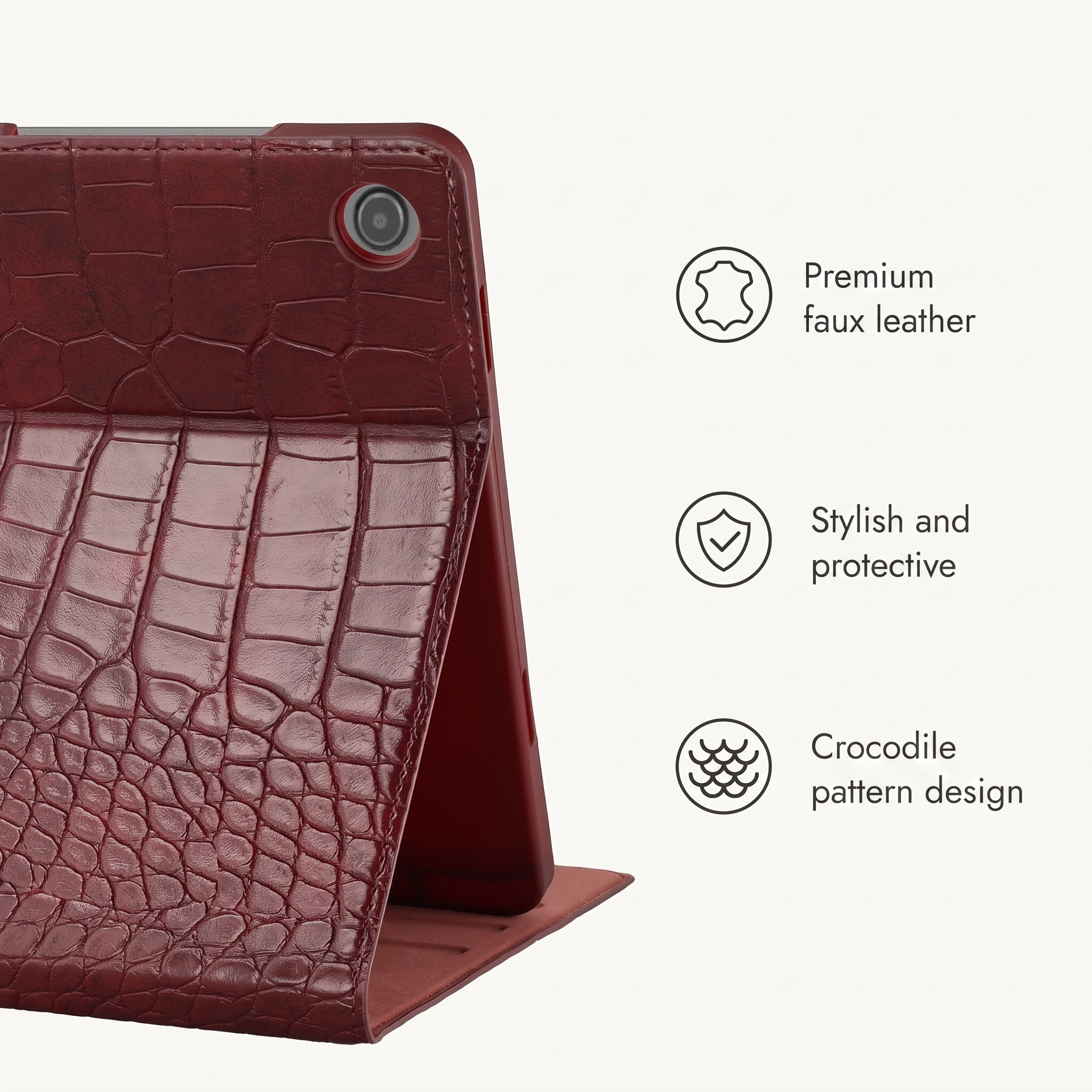 Étui de tablette en similicuir rouge à motif crocodile debout avec trois icônes de fonctionnalités.