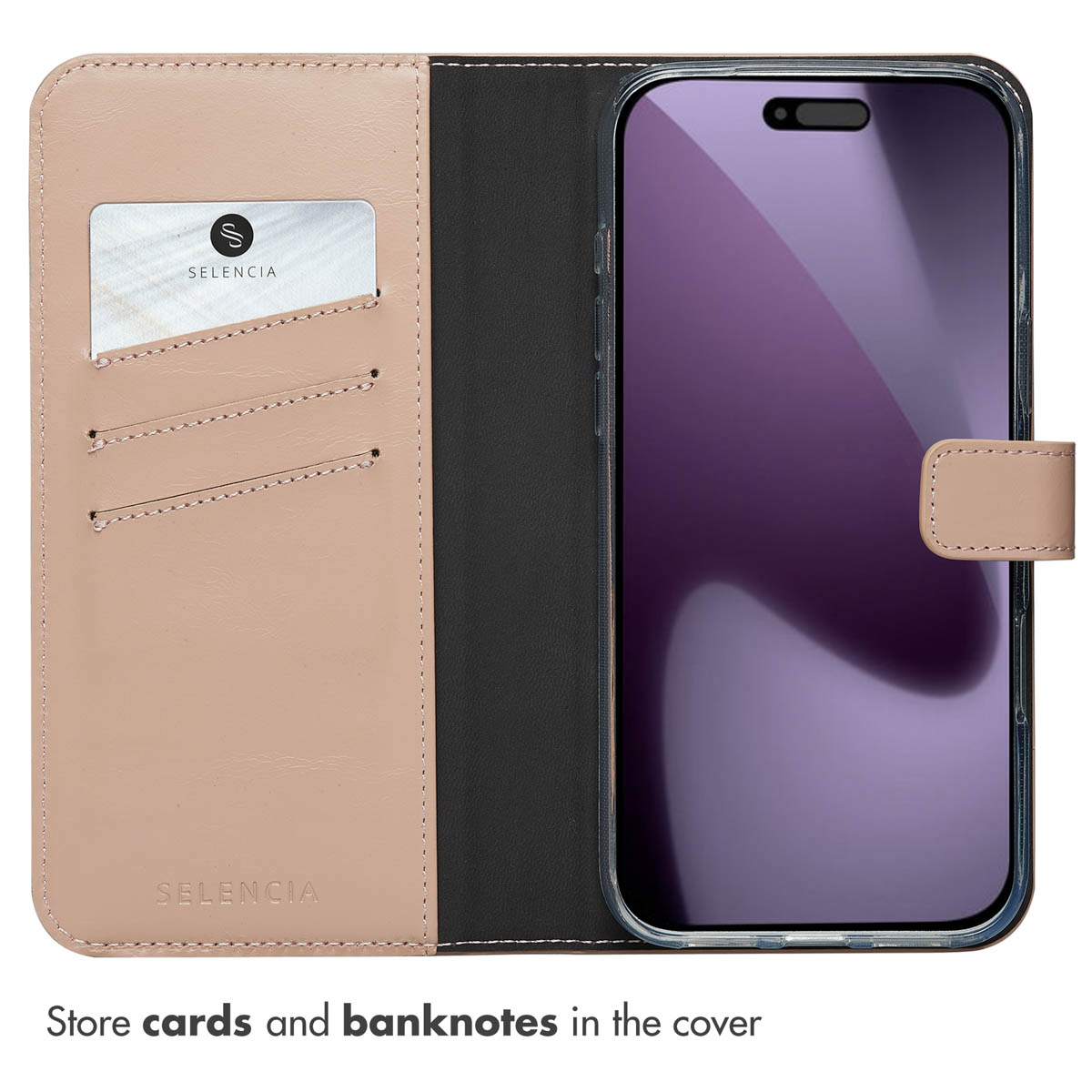 Un étui de téléphone en cuir rose ouvert avec des fentes pour cartes et un smartphone à droite.