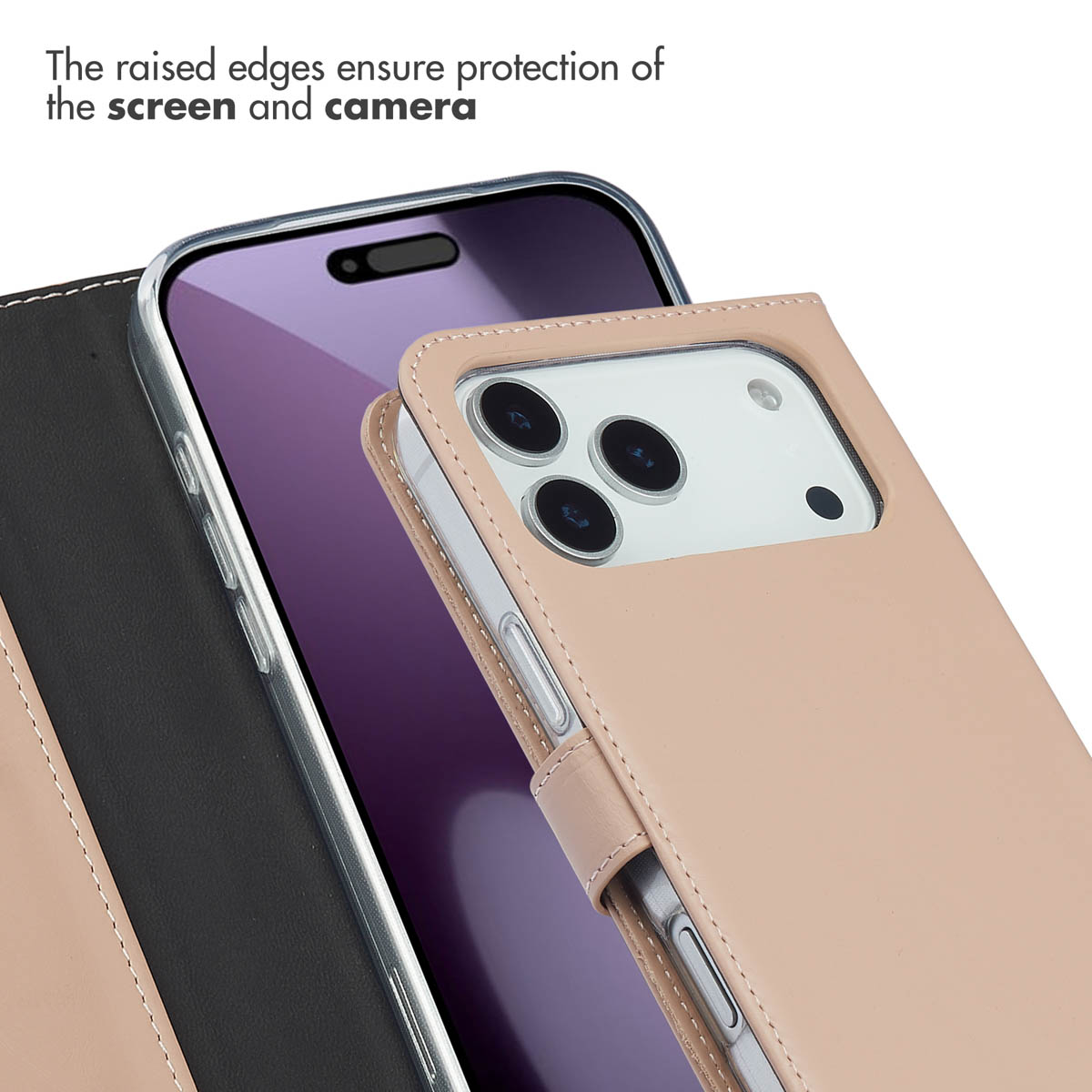Un smartphone dans un étui rose avec des bords surélevés protégeant l'écran et la caméra.