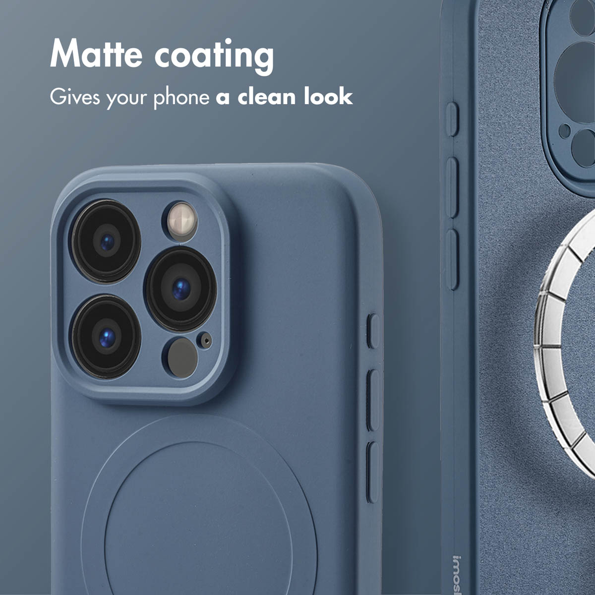 Custodia blu per smartphone con rivestimento opaco e anello magnetico.