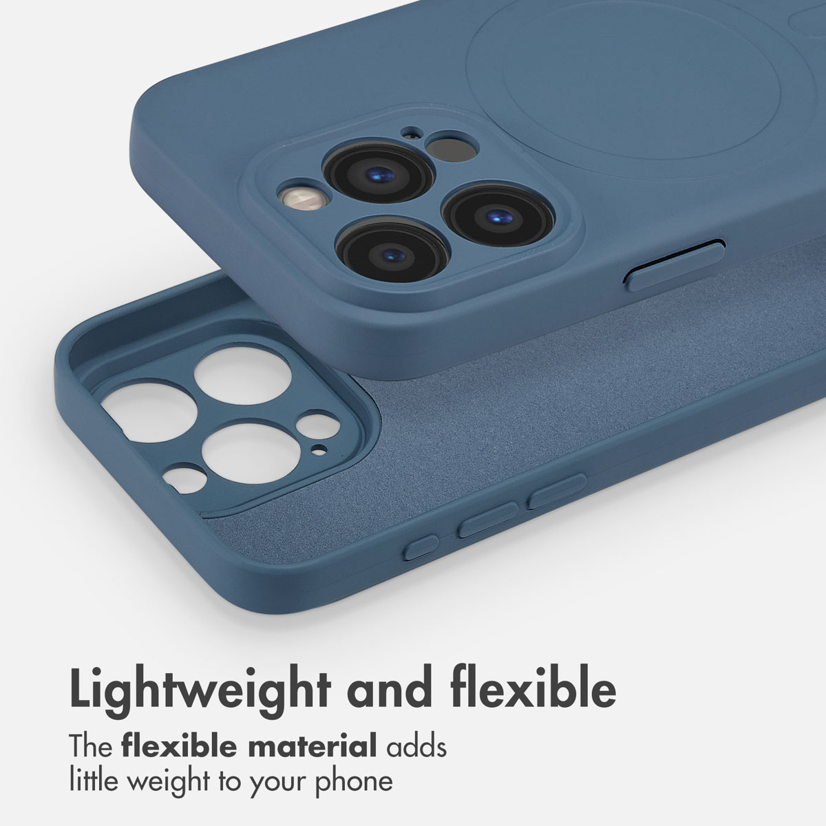 Una custodia blu per smartphone su sfondo chiaro, che mostra il retro e l'interno con ritagli per la fotocamera.