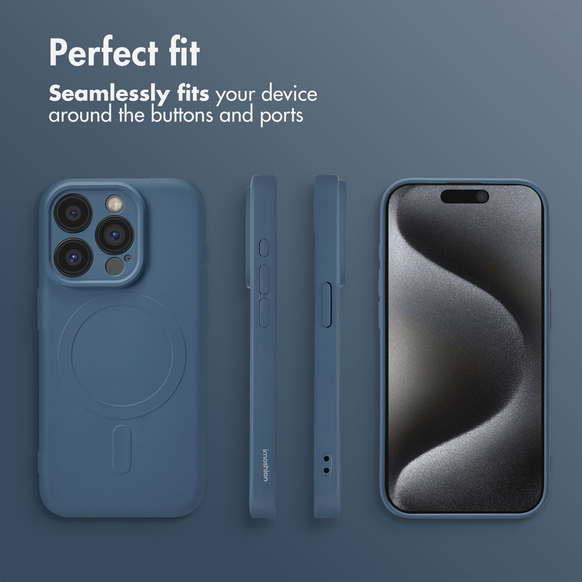 Custodia per smartphone blu in varie viste con testo Perfect fit.