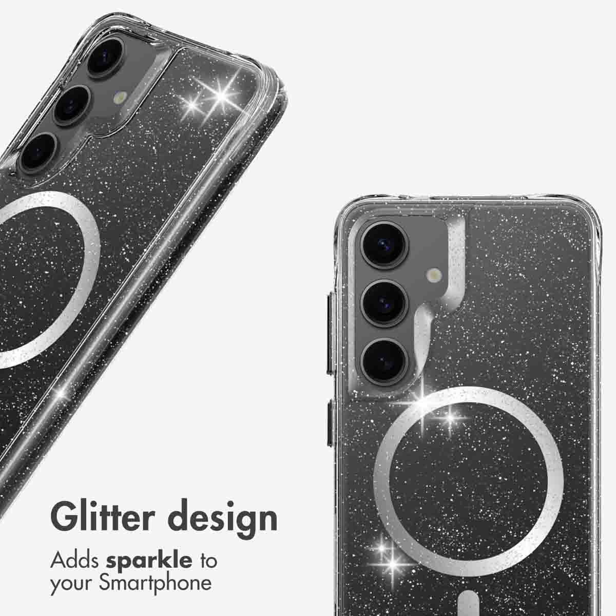 Glitzerndes Smartphone-Case in Schwarz mit silbernem Ring, Text lautet Glitter design.