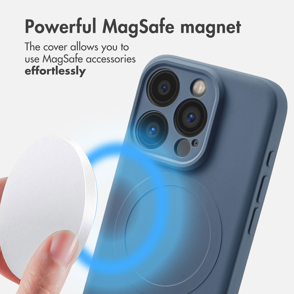 Custodia per iPhone blu con anello magnetico MagSafe e testo descrittivo.