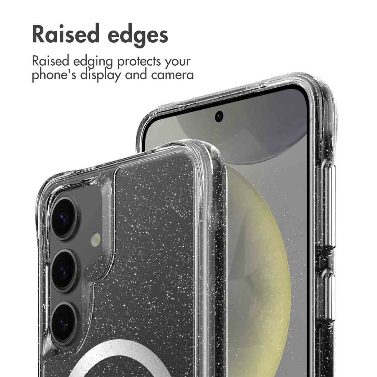 Glitzernde Schutzhülle mit erhöhten Kanten für Display und Kamera.