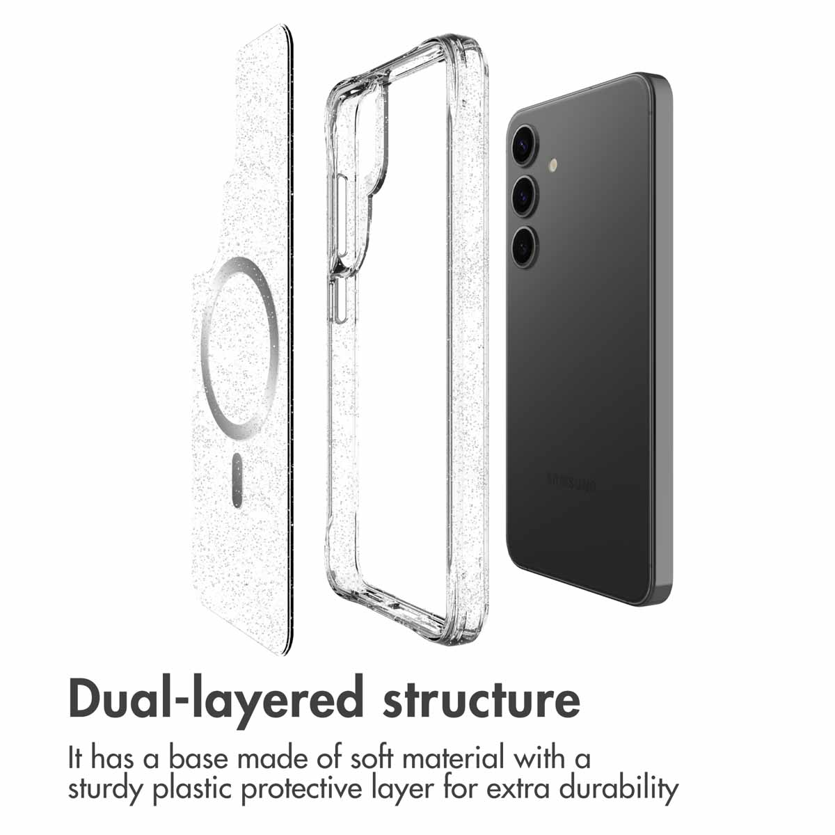 Ein Smartphone mit klarer Glitzerhülle und separater Innenschicht zur Darstellung der zweilagigen Struktur.