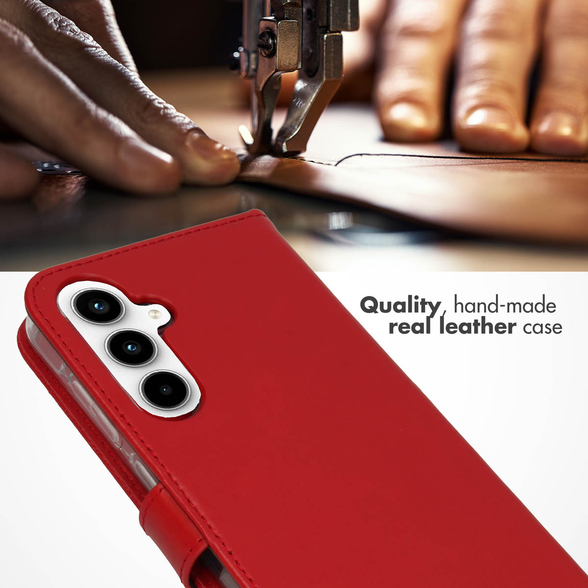 Un étui de téléphone en cuir rouge fait main au premier plan avec une machine à coudre à l'arrière-plan.