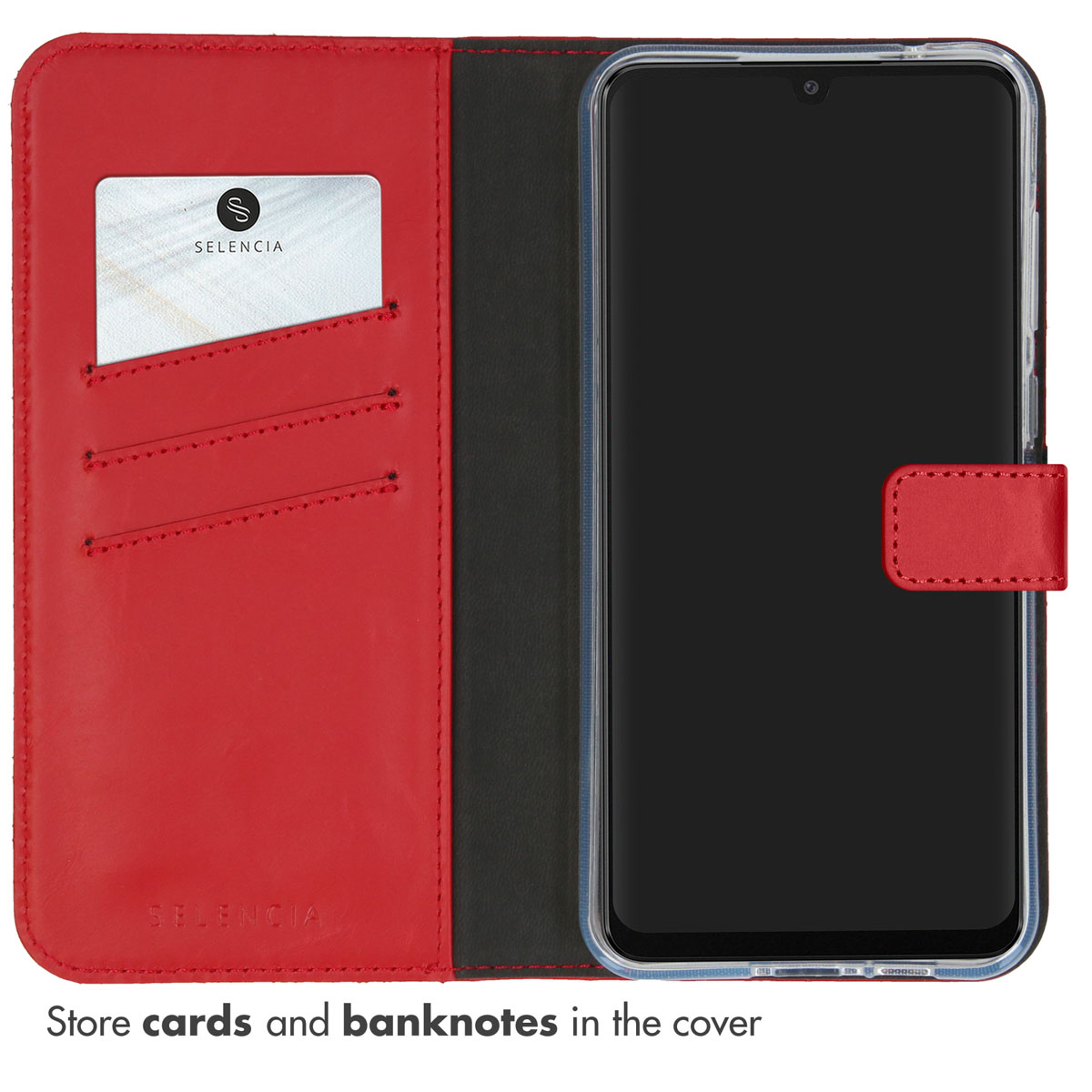 Étui de téléphone en cuir rouge avec porte-cartes et carte, et un smartphone à droite.
