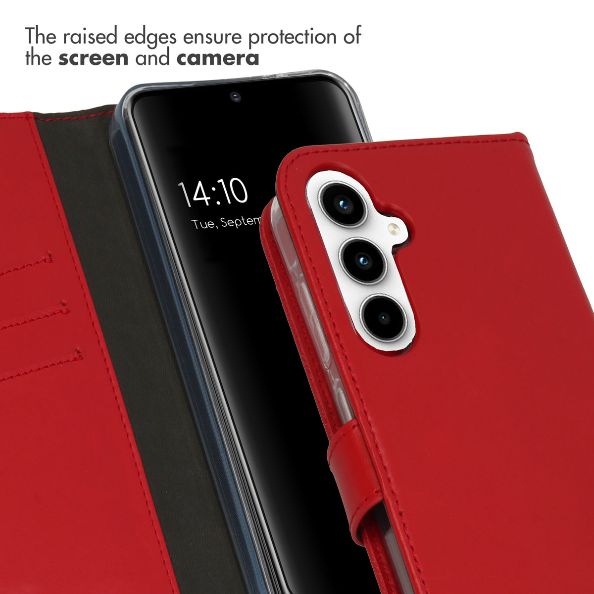 Un étui de téléphone portefeuille en cuir rouge avec fentes pour cartes.