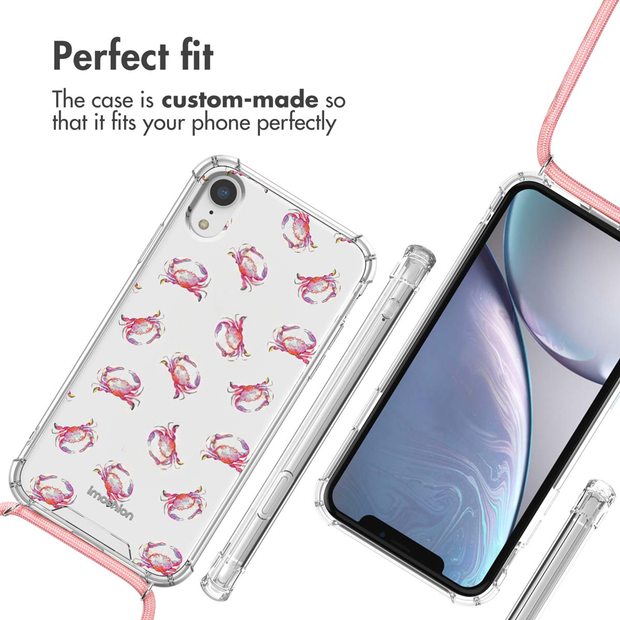 Funda transparente para móvil con patrón de cangrejos y cordón rosa, vista frontal y trasera.