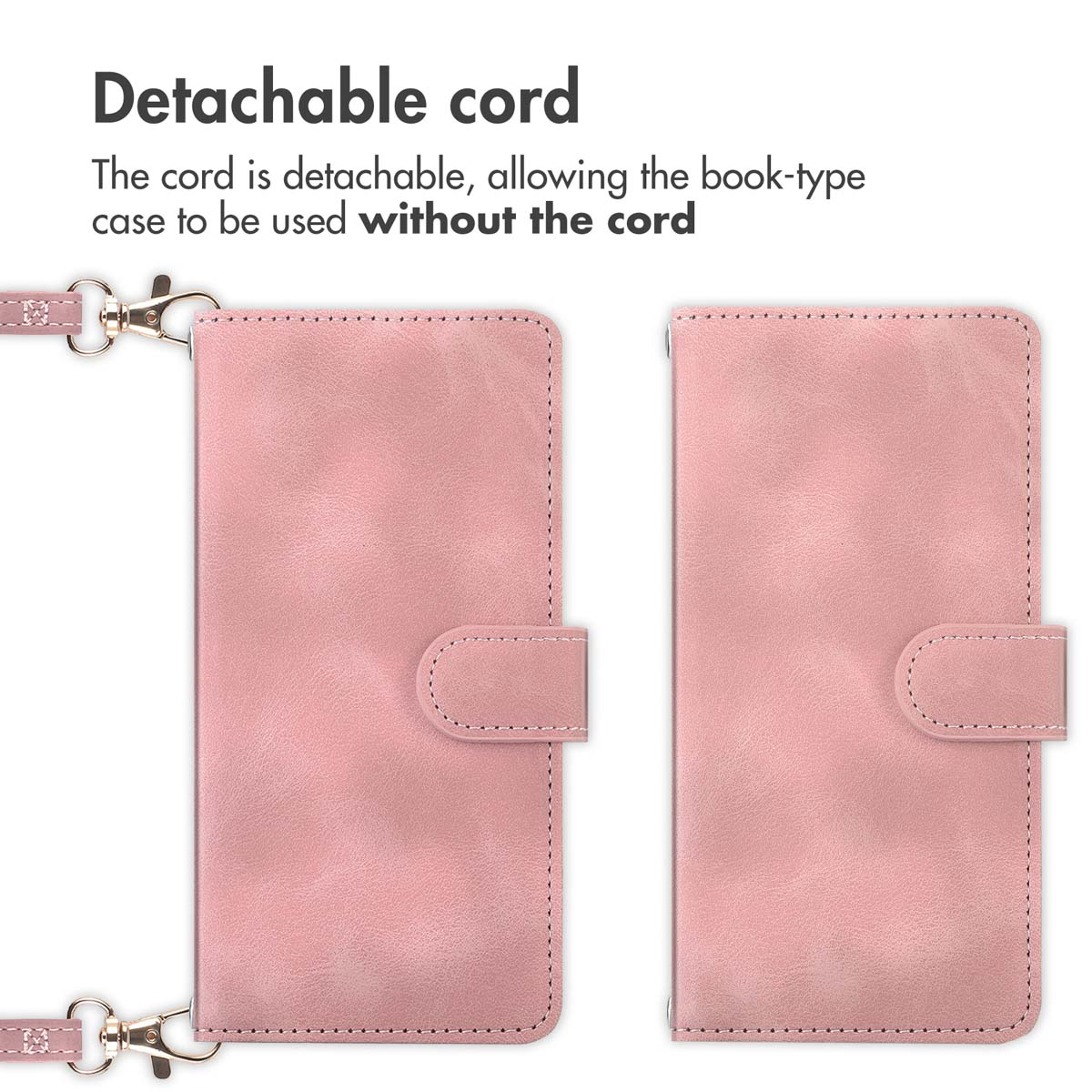Pink phone case with a detachable cord and magnetic clasp.