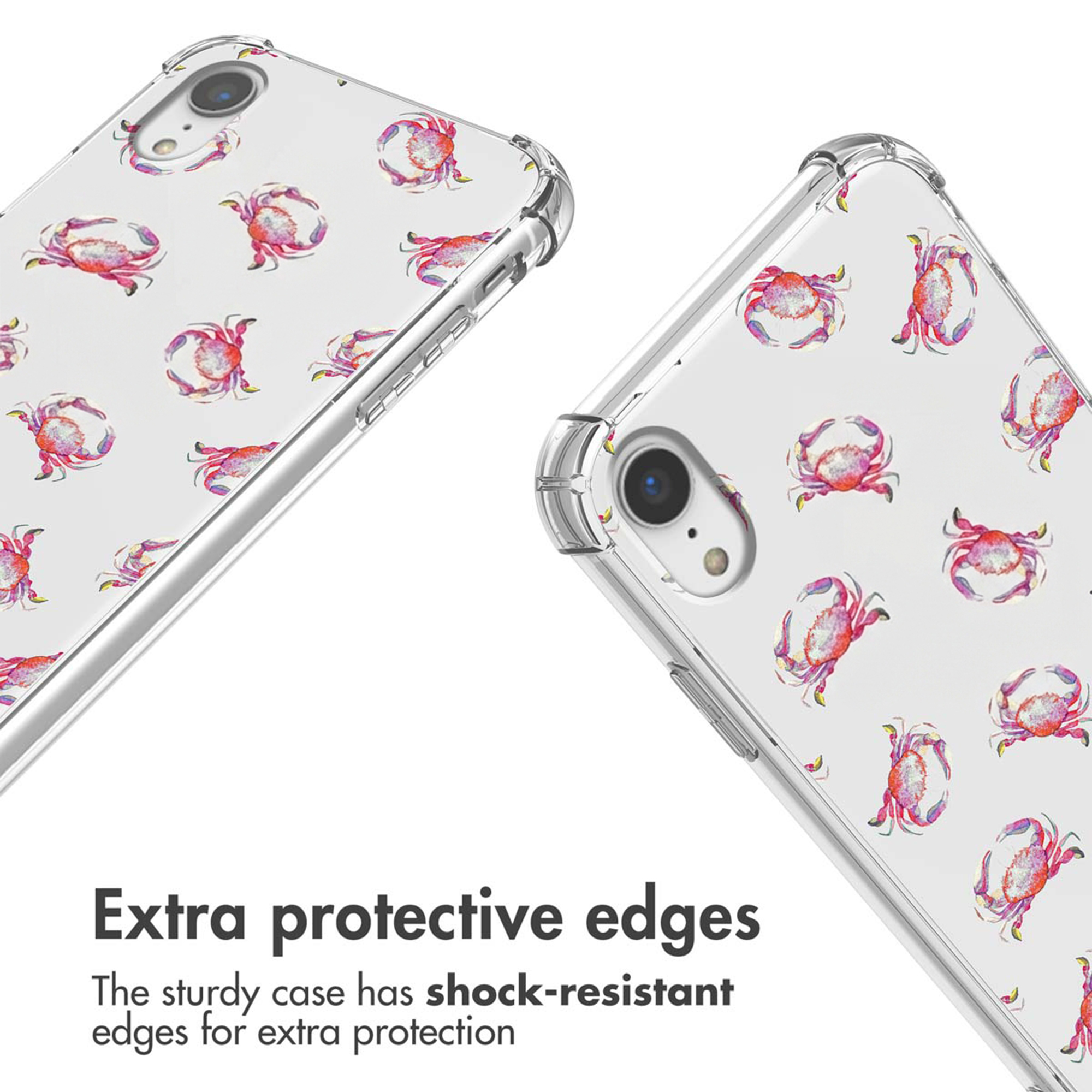 Dos fundas transparentes para teléfono con estampado de cangrejo rosa y esquinas protectoras.
