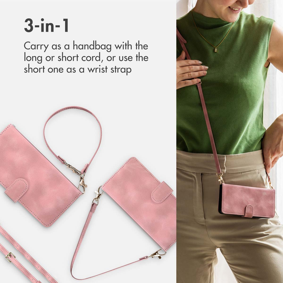 Pink phone wallet with adjustable straps to use as a handbag or wrist strap.