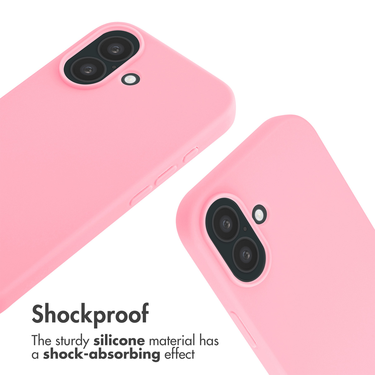 Dos fundas de smartphone rosas con doble cámara y texto sobre material de silicona resistente a golpes.