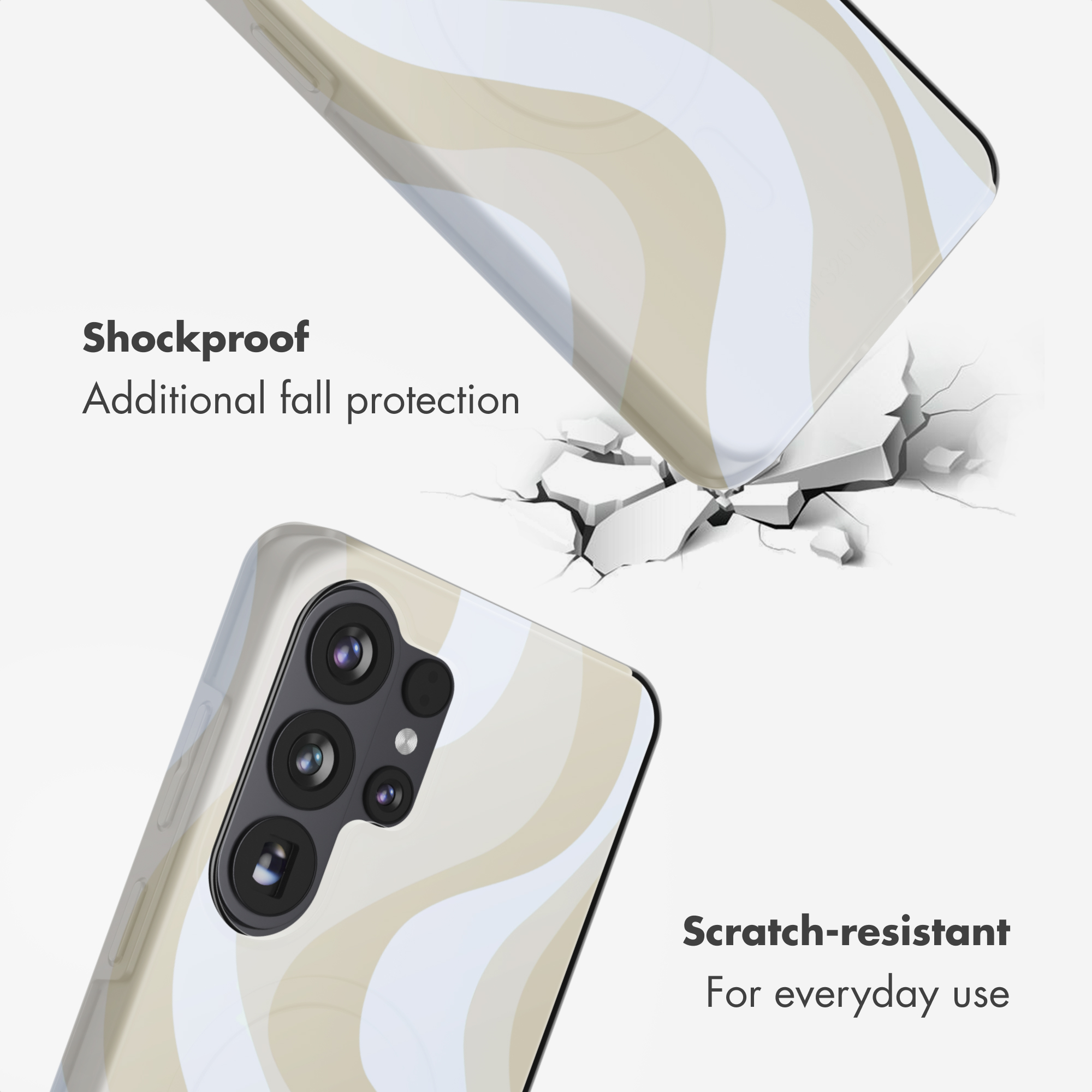 Funda de teléfono con patrón ondulado, anunciada para resistencia a golpes y arañazos.