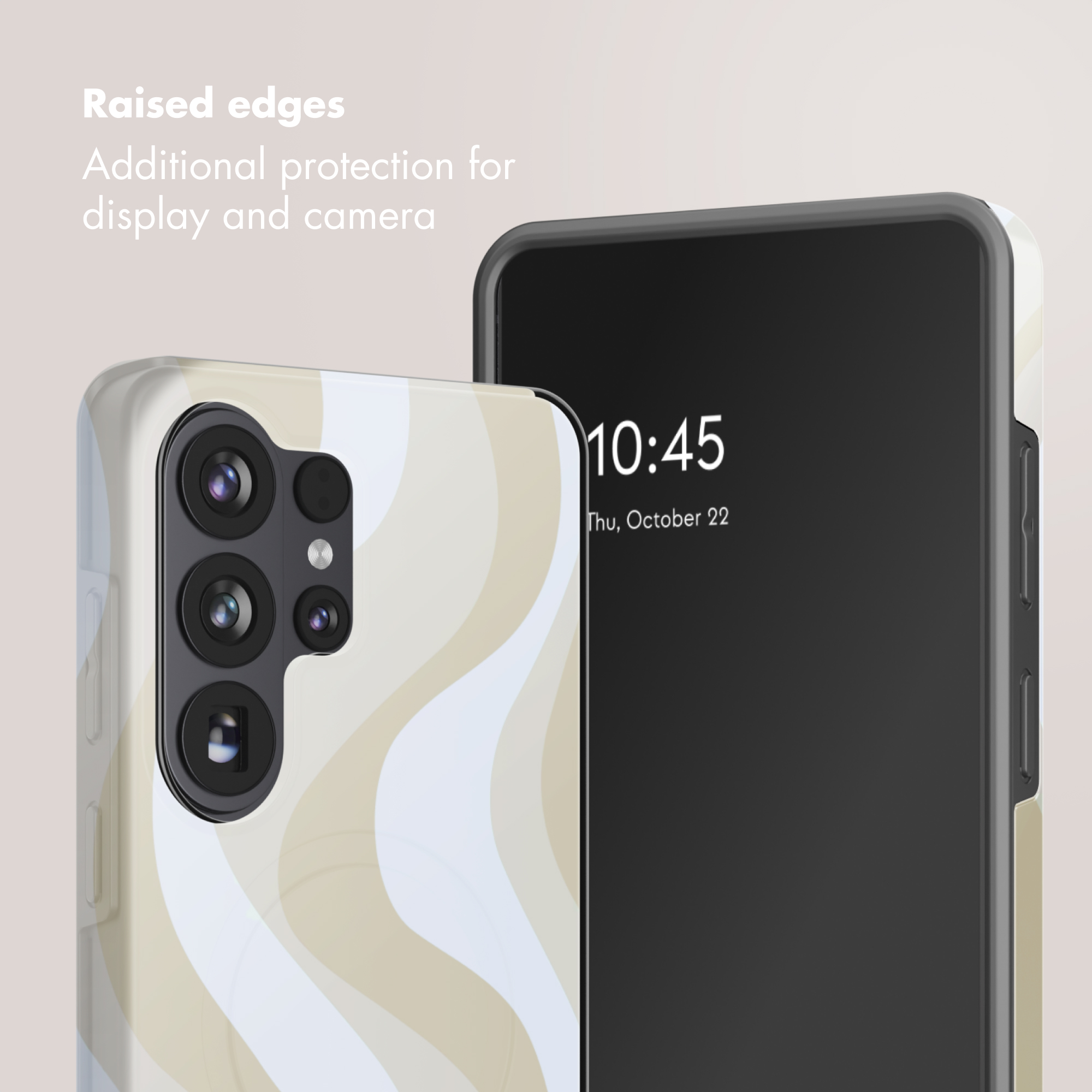 Dos smartphones con patrones ondulados y bordes elevados para proteger la pantalla y la cámara.