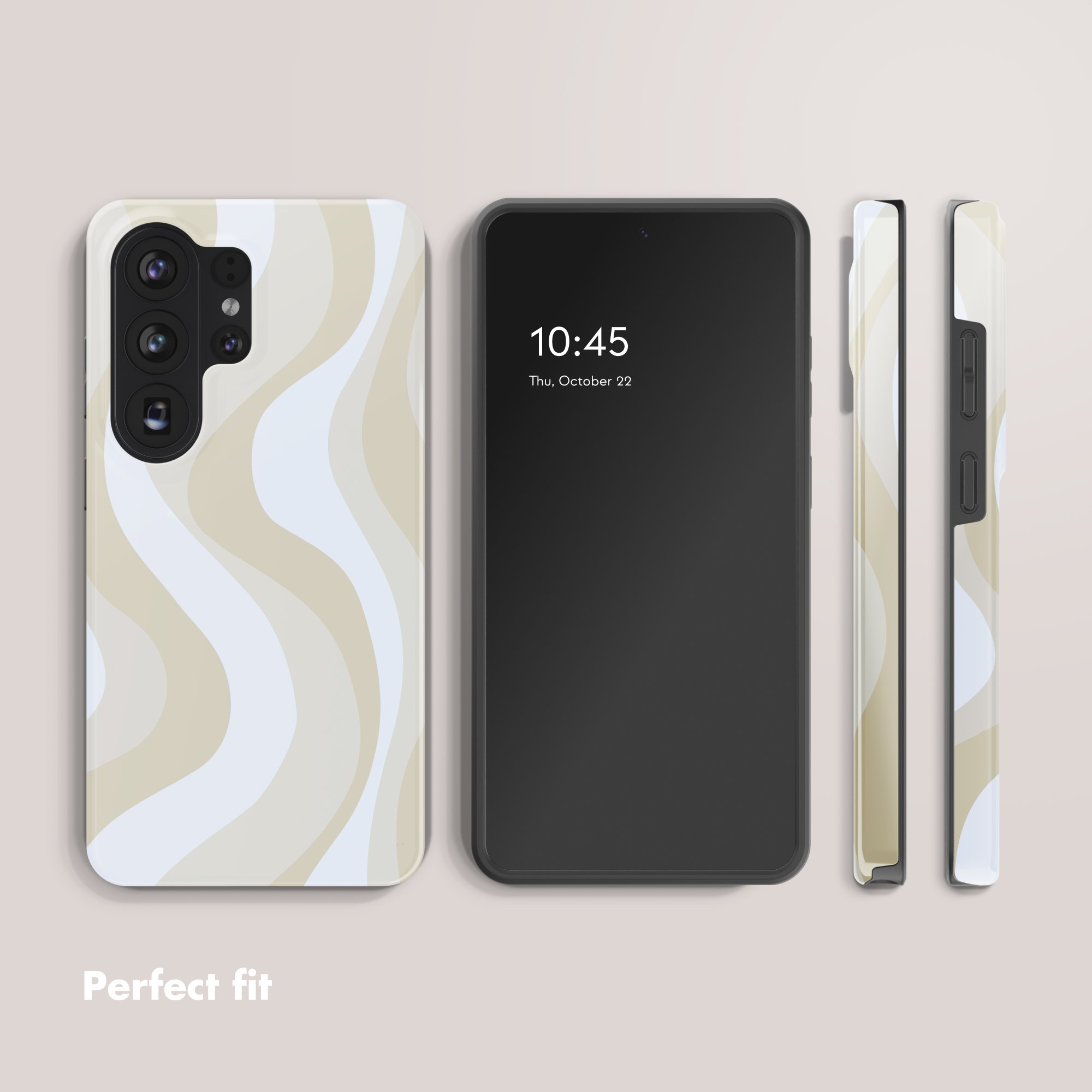 Cuatro vistas de un teléfono inteligente con una funda con patrón ondulado crema y azul.