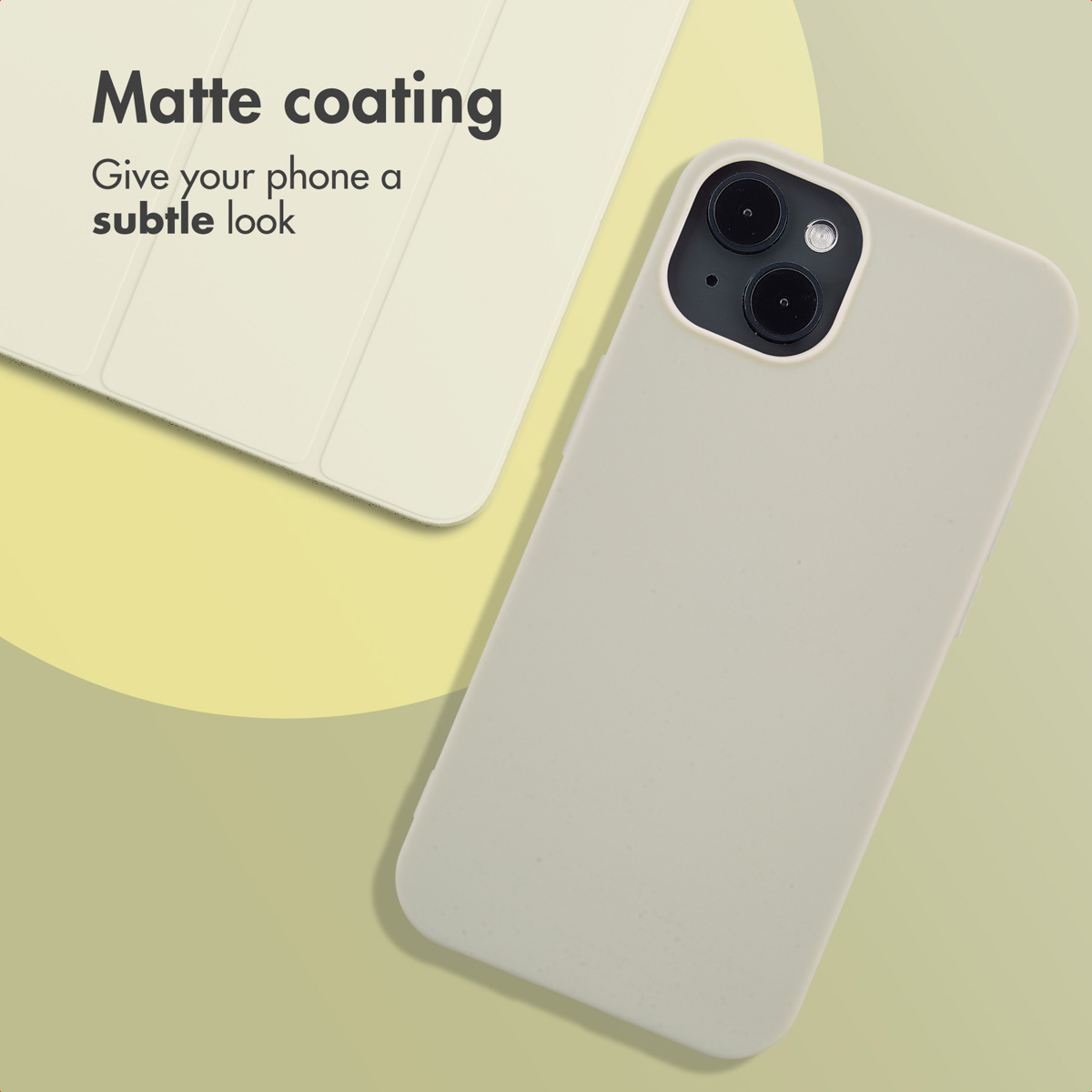 Ein beiger Smartphone-Hülle mit matter Beschichtung auf hellem Hintergrund und Text.