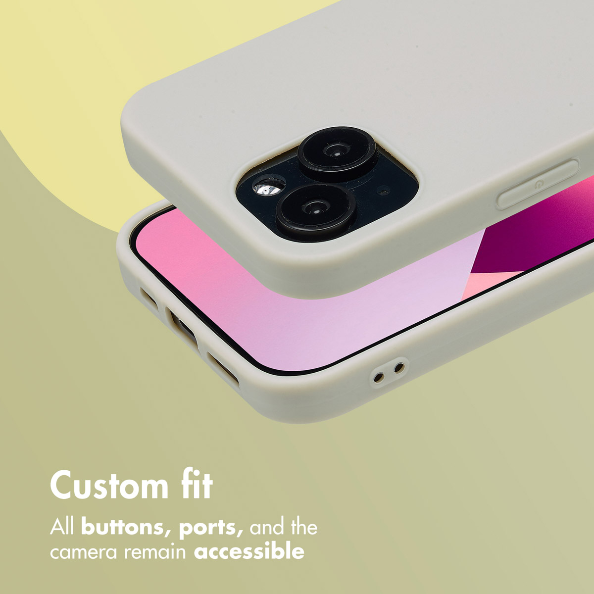 Ein Smartphone in einer hellen Schutzhülle mit sichtbaren Tasten, Anschlüssen und der Kamera.