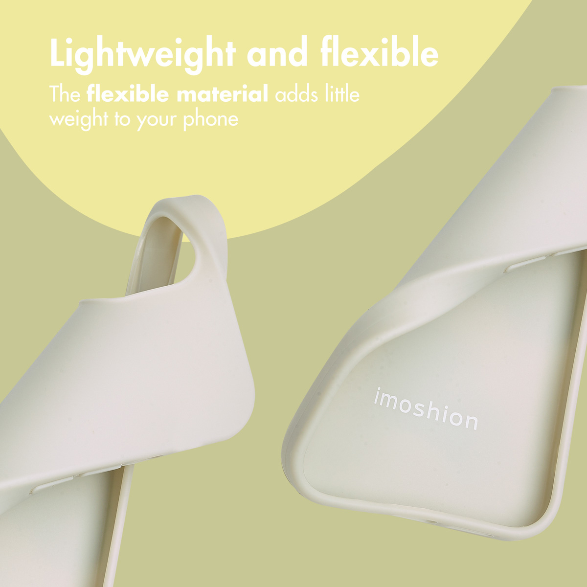 Beige, flexible Smartphone-Hüllen vor einem hellgrünen und gelben Hintergrund mit Text.