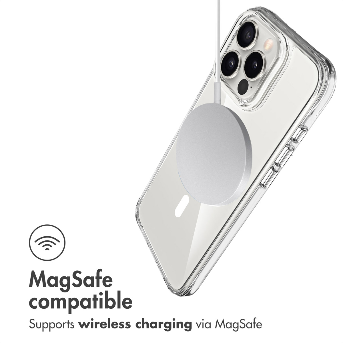 A smartphone in a clear case attached to a round white MagSafe charger on a white background.
